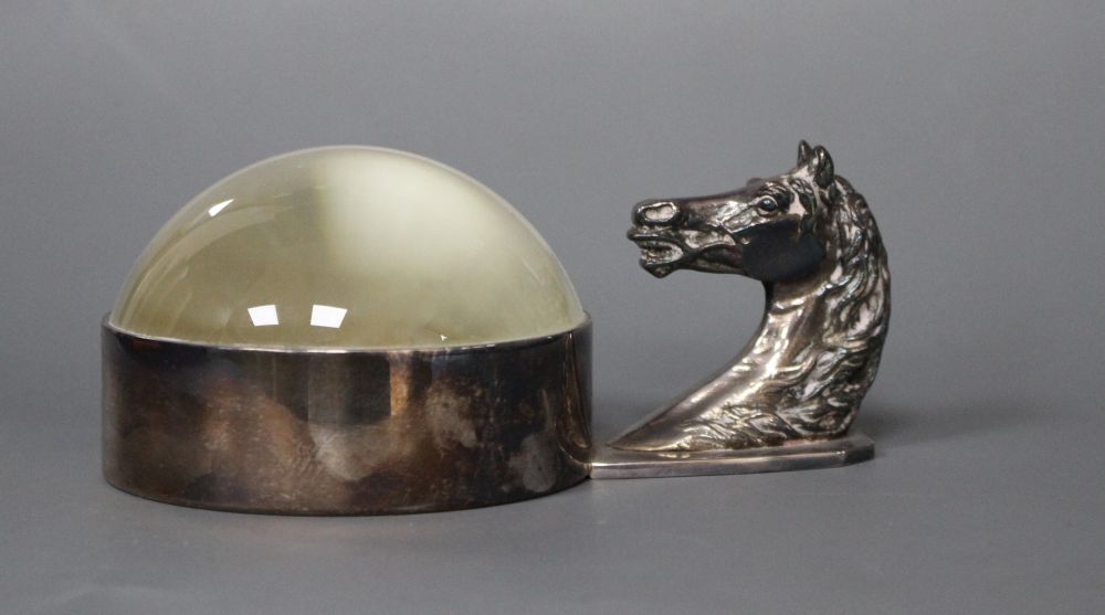 A silver plate mounted desk magnifying glass with horses head handle, retailed by Hermes, Paris,